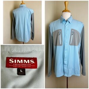 Simms Mens Tongass Long Sleeve Fly Fishing Shirt Size L Light Blue UPF 50+